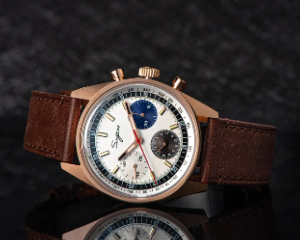 Sugess Chrono Heritage 442 Chronograph Special Dial Swan Neck Regulator White Dial with Brown Strap - DREAM WATCHES