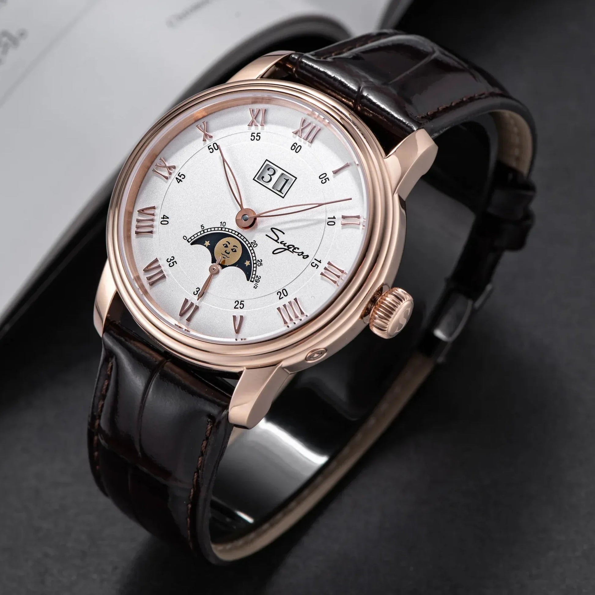 Sugess MoonPhase Master 437 Moon Phase Automatic Rose Gold - White Dial - DREAM WATCHES