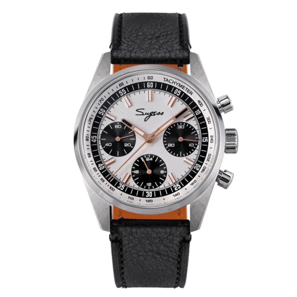 Sugess S465 Chronograph Stainless Steel Black Dial Rose Gold Hand Black Leather - DREAM WATCHES