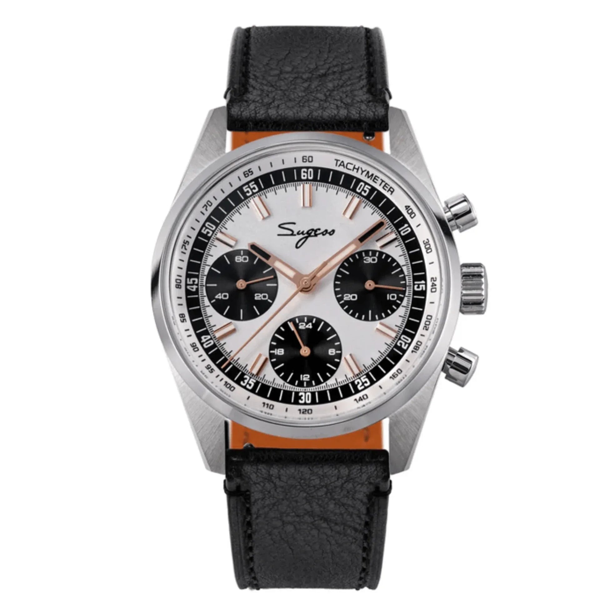 Sugess S465 Chronograph Stainless Steel Black Dial Rose Gold Hand Black Leather - DREAM WATCHES