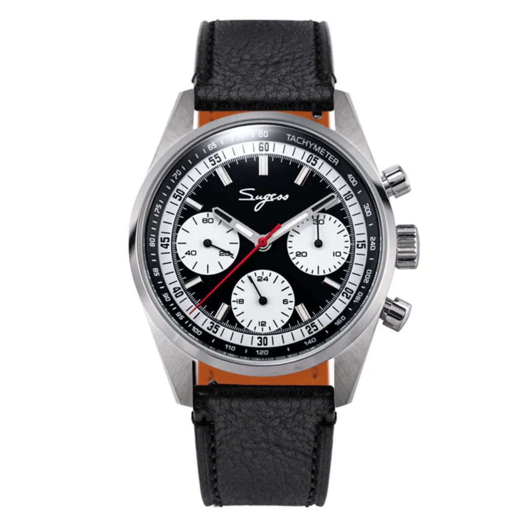 Sugess S465 Chronograph Stainless Steel Black Dial Silver Hand Black Leather - DREAM WATCHES