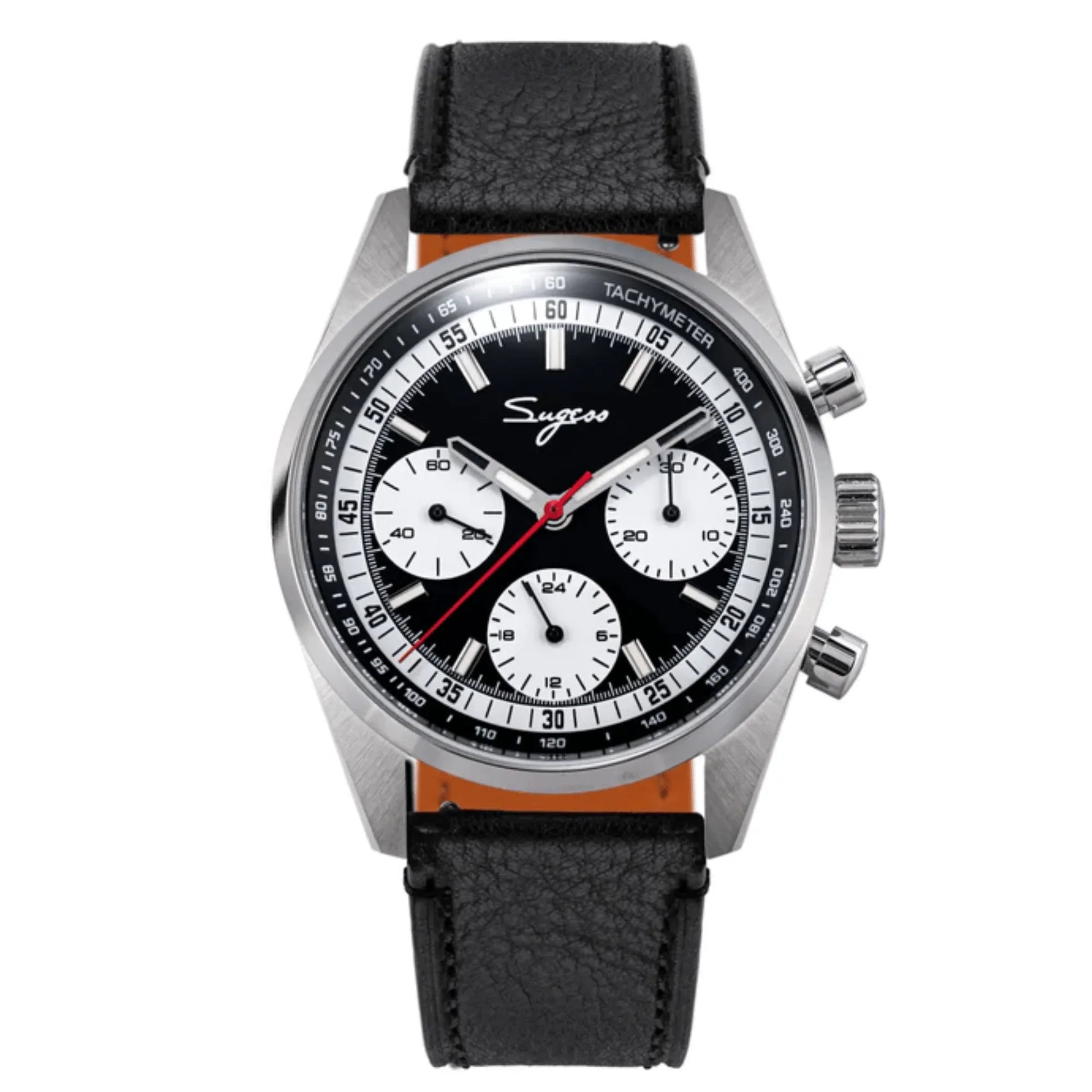 Sugess S465 Chronograph Stainless Steel Black Dial Silver Hand Black Leather - DREAM WATCHES