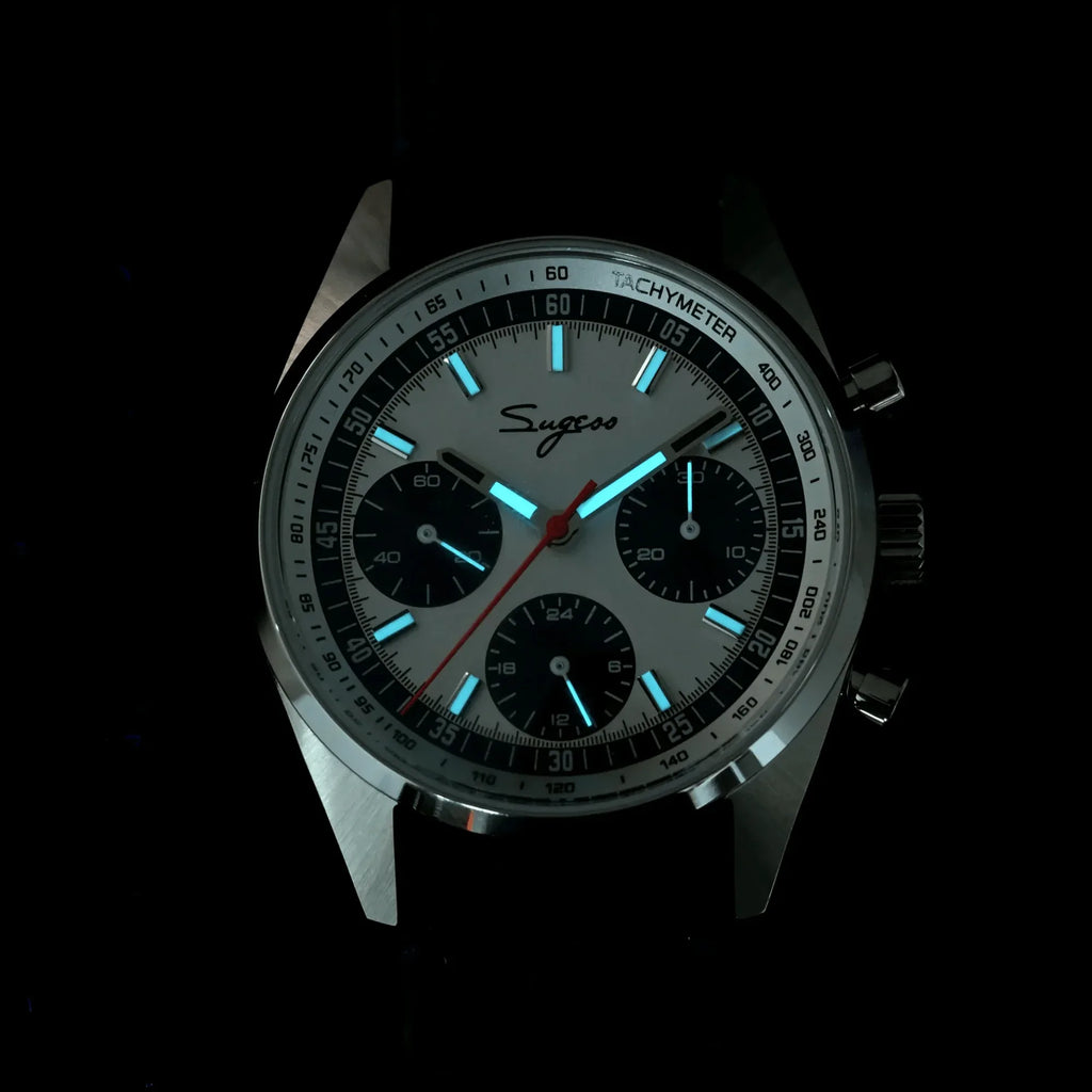 Sugess S465 Chronograph Stainless Steel Panda Dial Silver Hand Black Leather - DREAM WATCHES