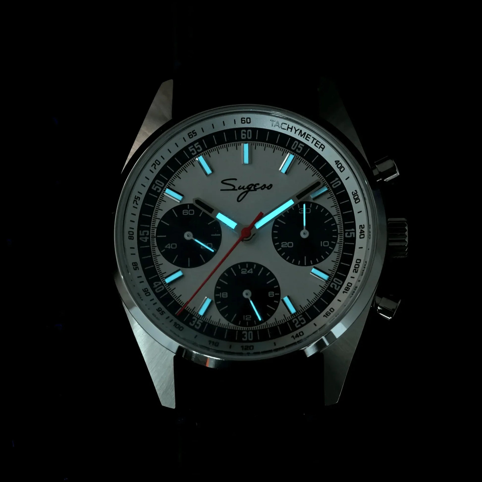 Sugess S465 Chronograph Stainless Steel Panda Dial Silver Hand Black Leather - DREAM WATCHES