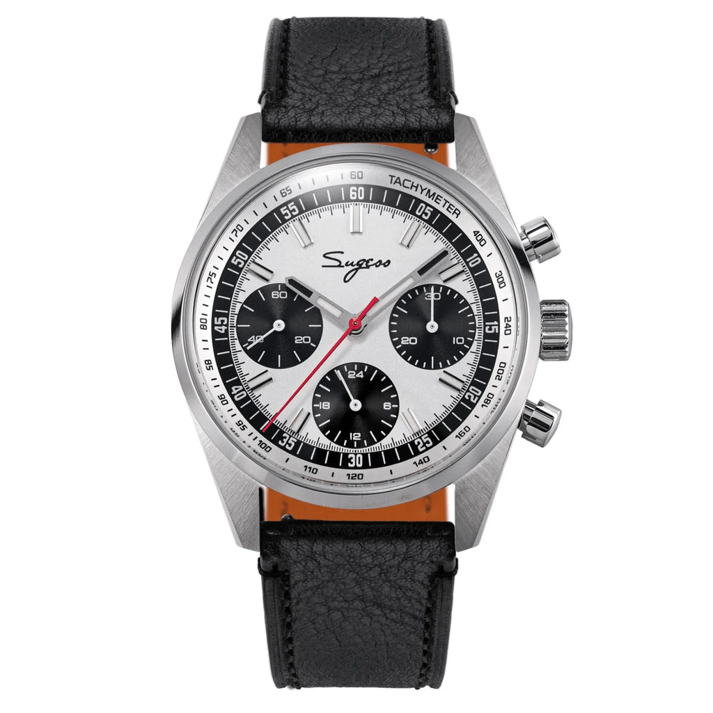 Sugess S465 Chronograph Stainless Steel Panda Dial Silver Hand Black Leather - DREAM WATCHES