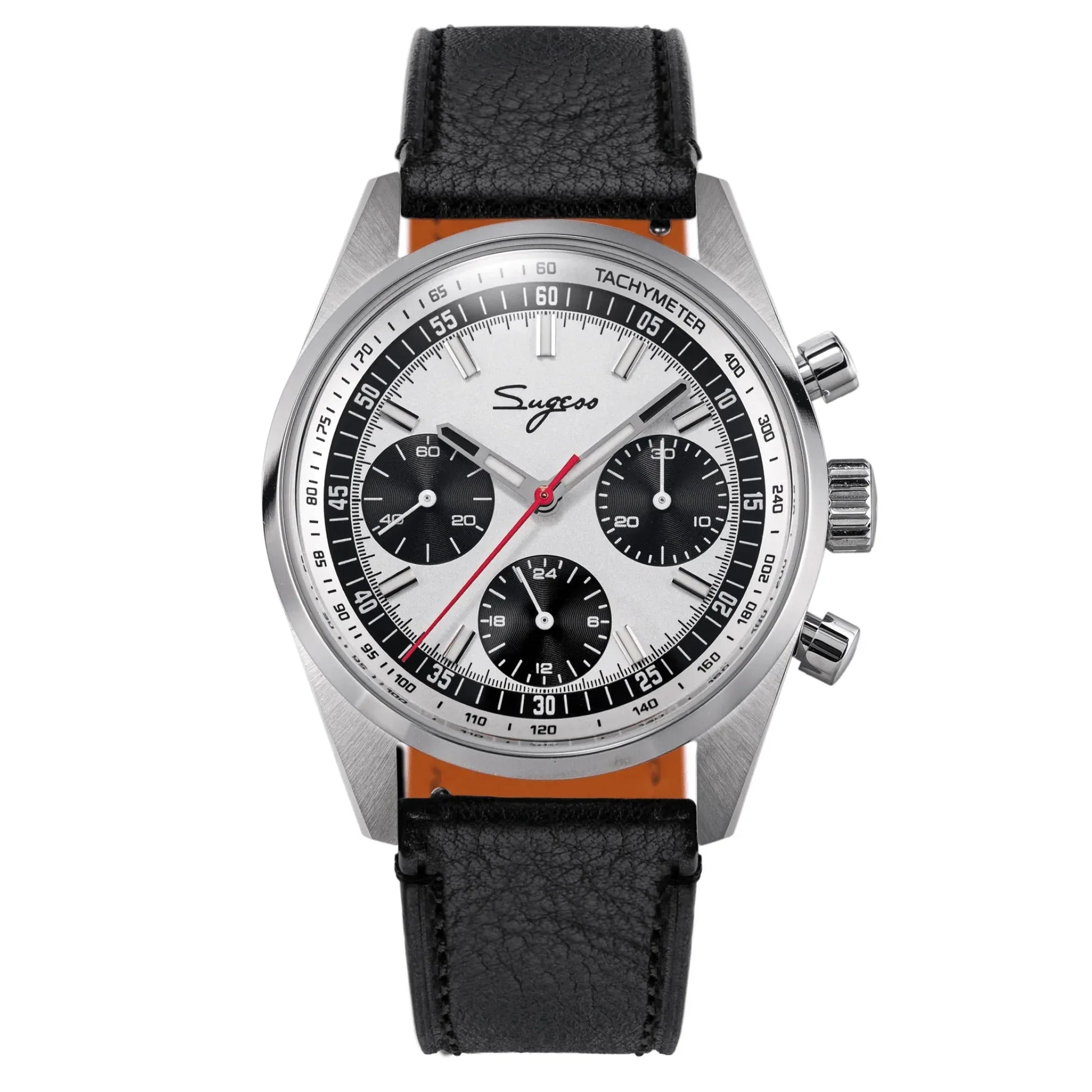 Sugess S465 Chronograph Stainless Steel Panda Dial Silver Hand Black Leather - DREAM WATCHES