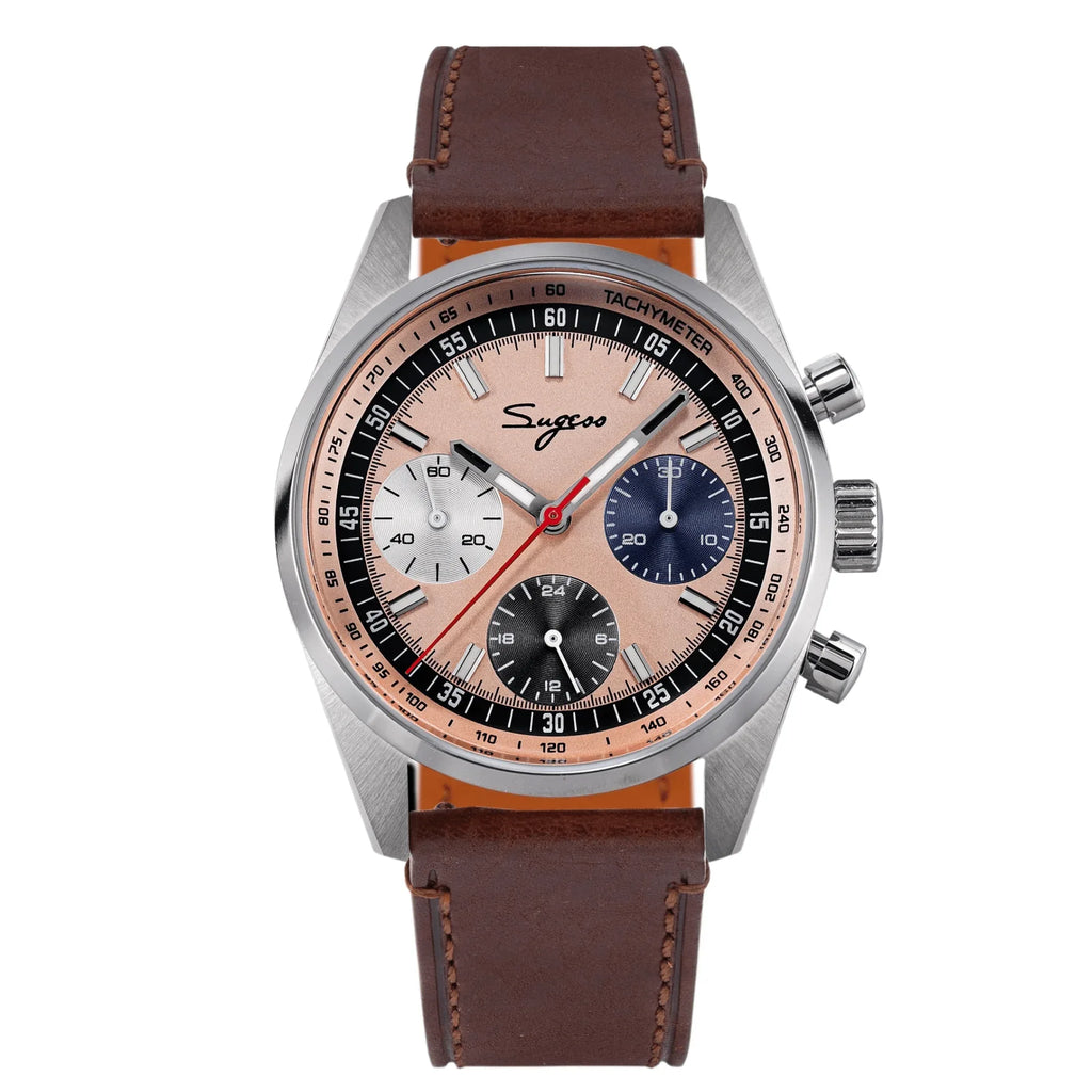 Sugess S465 Chronograph Stainless Steel Special Champagne Dial Silver Hand Brown Strap - DREAM WATCHES