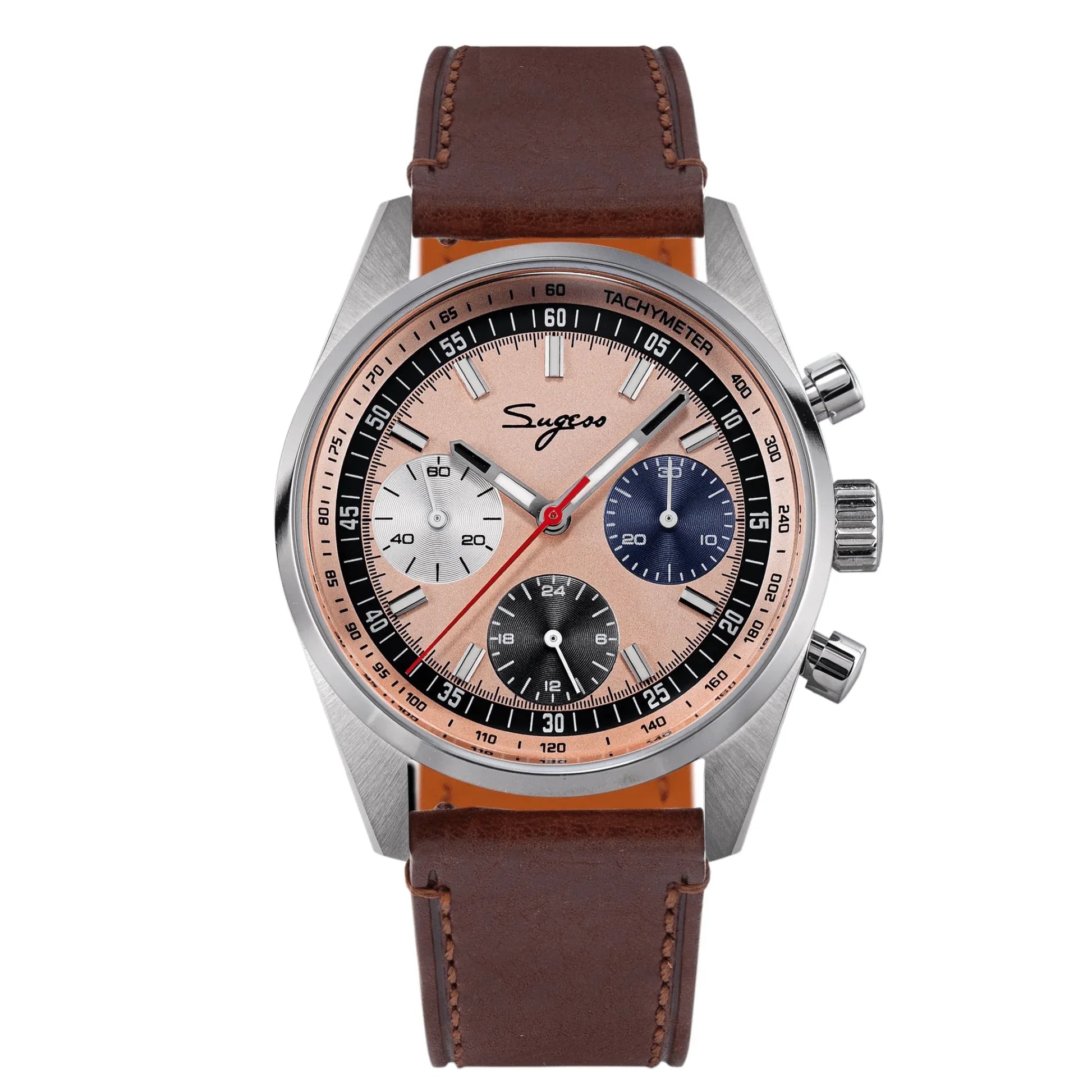 Sugess S465 Chronograph Stainless Steel Special Champagne Dial Silver Hand Brown Strap - DREAM WATCHES