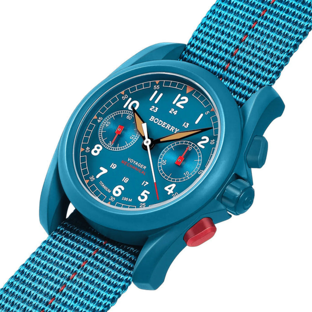 VOYAGER Chronograph - Titanium Mechanical Field Watch, 100M Water Resistant | Cerulean Blue - DREAM WATCHES