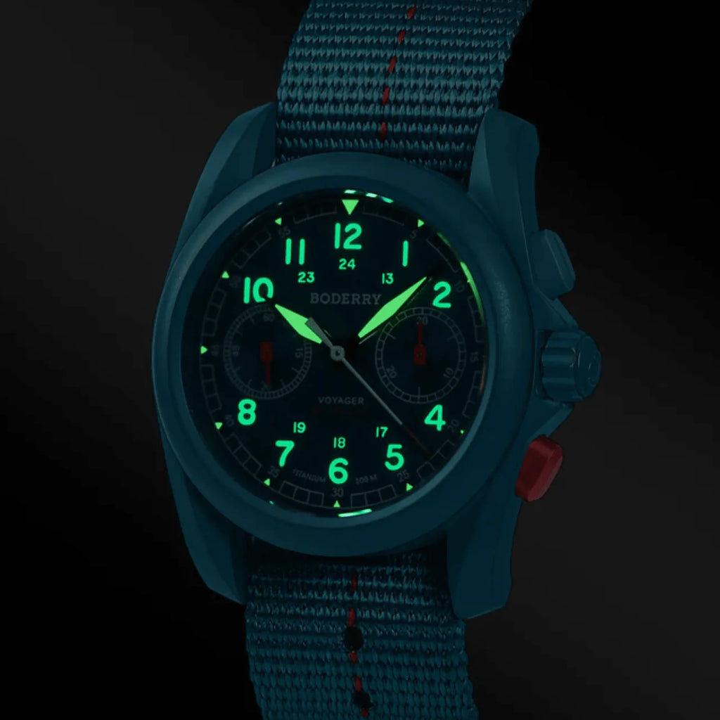 VOYAGER Chronograph - Titanium Mechanical Field Watch, 100M Water Resistant | Cerulean Blue - DREAM WATCHES