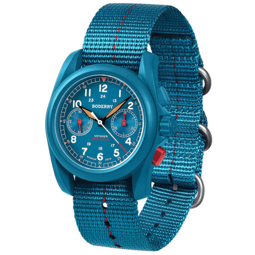 VOYAGER Chronograph - Titanium Mechanical Field Watch, 100M Water Resistant | Cerulean Blue - DREAM WATCHES