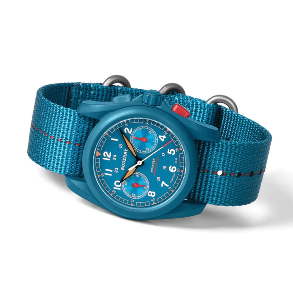 VOYAGER Chronograph - Titanium Mechanical Field Watch, 100M Water Resistant | Cerulean Blue - DREAM WATCHES