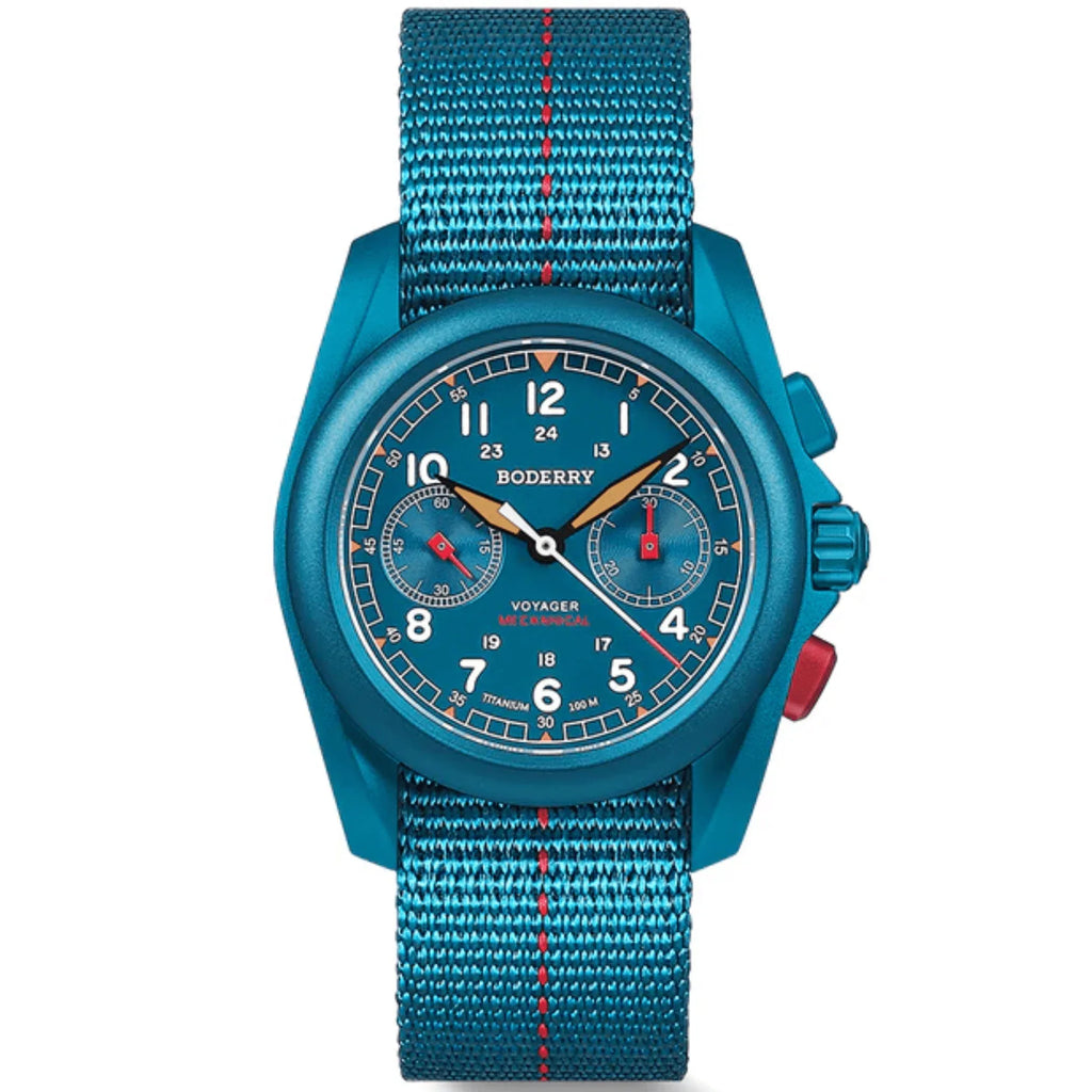 VOYAGER Chronograph - Titanium Mechanical Field Watch, 100M Water Resistant | Cerulean Blue - DREAM WATCHES