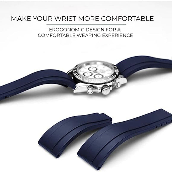 High End Curved FKM Rubber Watch Band - Oyster Style Deployment Clasp: 20 mm - Black/ Golden