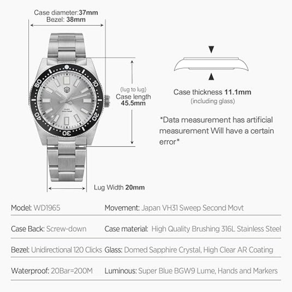 Watchdives WD1965 38mm VH31 62MAS Dive Watch - DREAM WATCHES