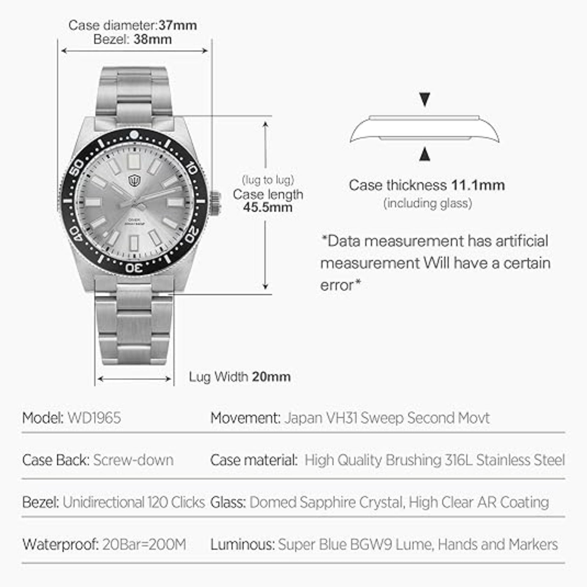 Watchdives WD1965 38mm VH31 62MAS Dive Watch - DREAM WATCHES