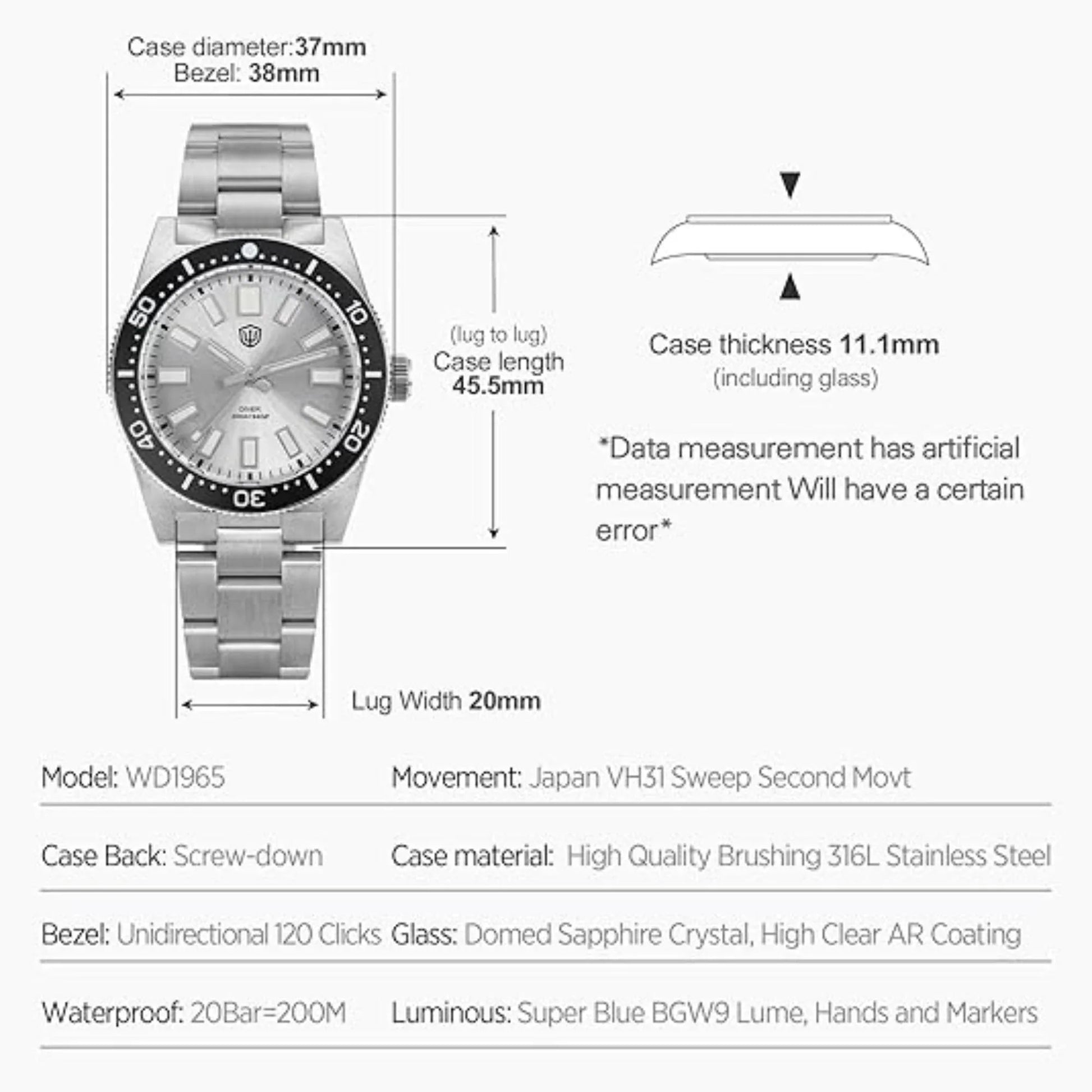 Watchdives WD1965 38mm VH31 62MAS Dive Watch - DREAM WATCHES