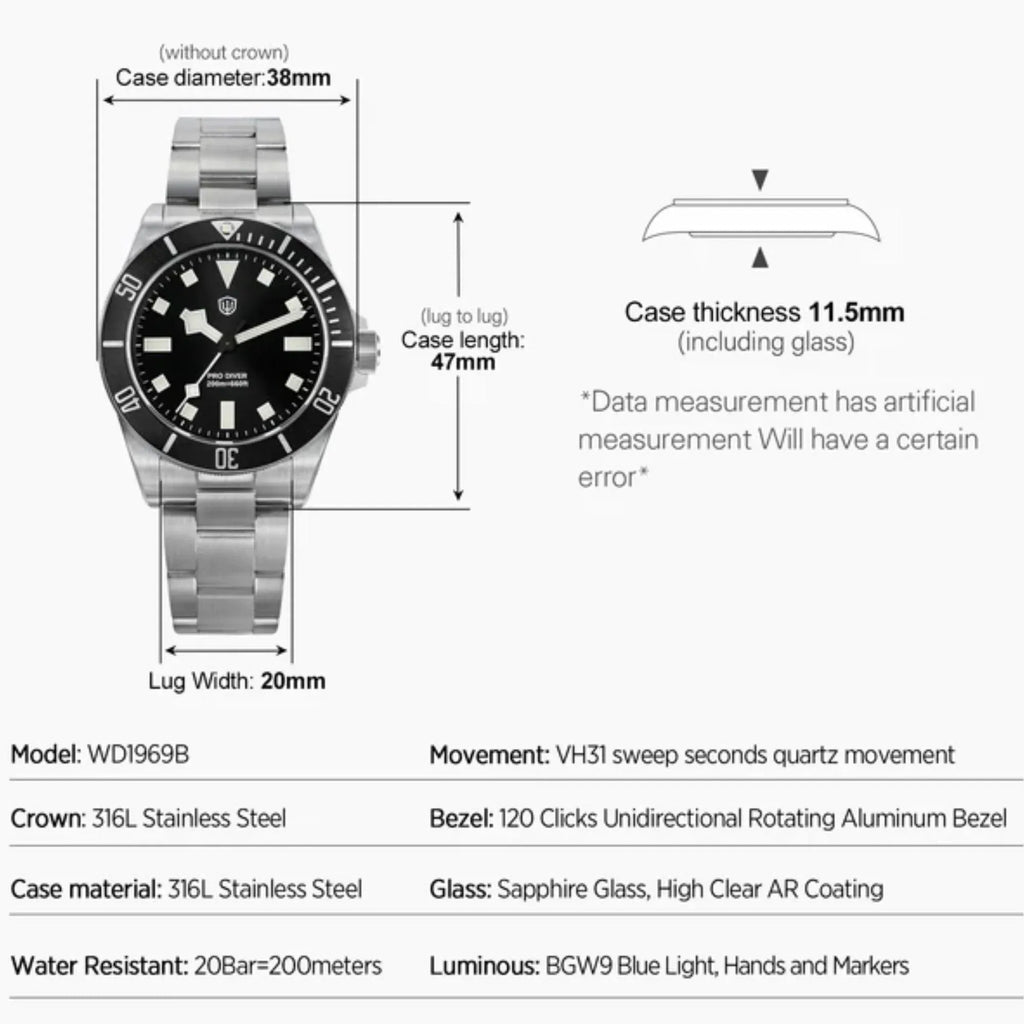 Watchdives WD1969B PRO 38mm VH31 Dive Watch - DREAM WATCHES
