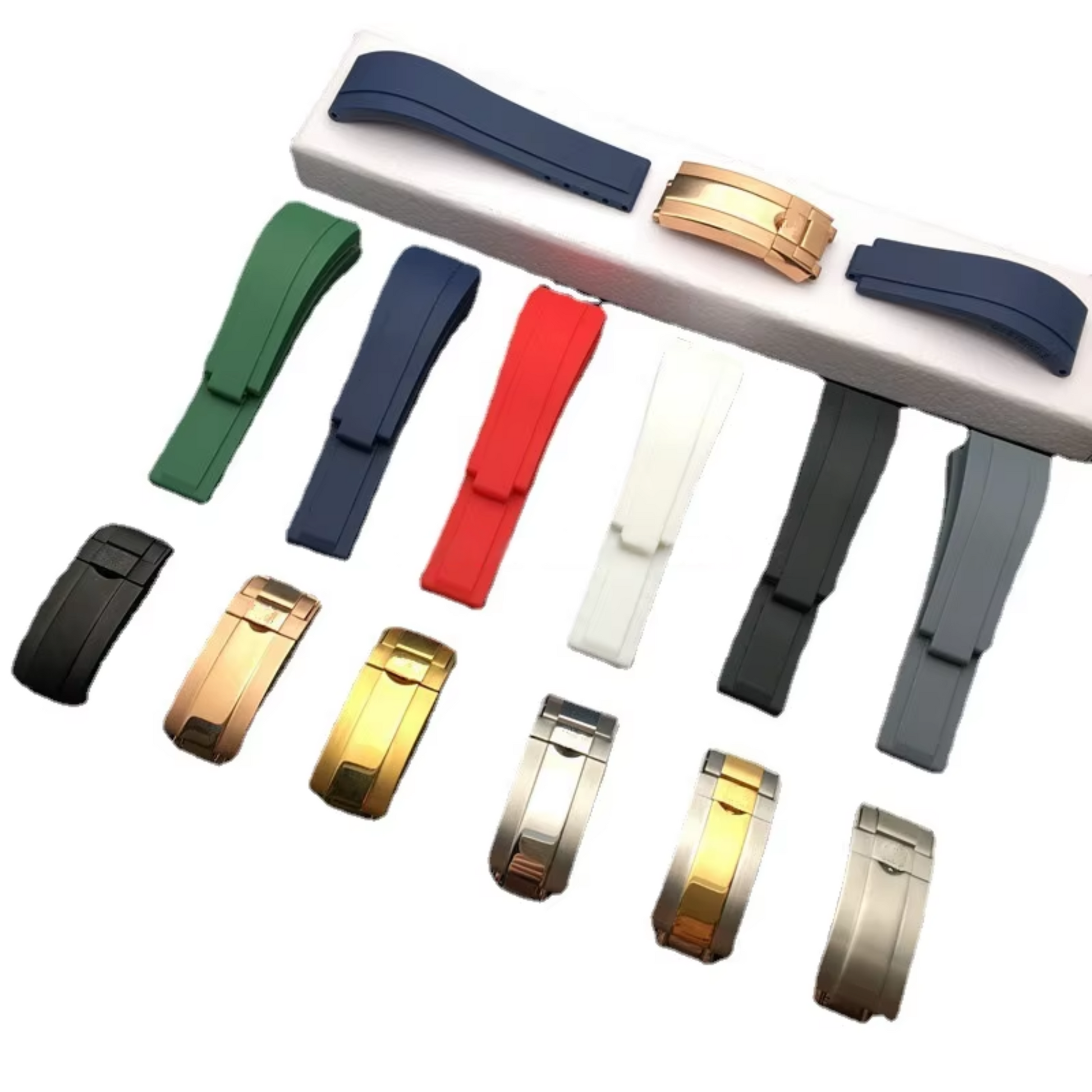 High End Curved FKM Rubber Watch Band With Oyster Style Deployment Clasp: 20 MM - Blue With Rose Gold