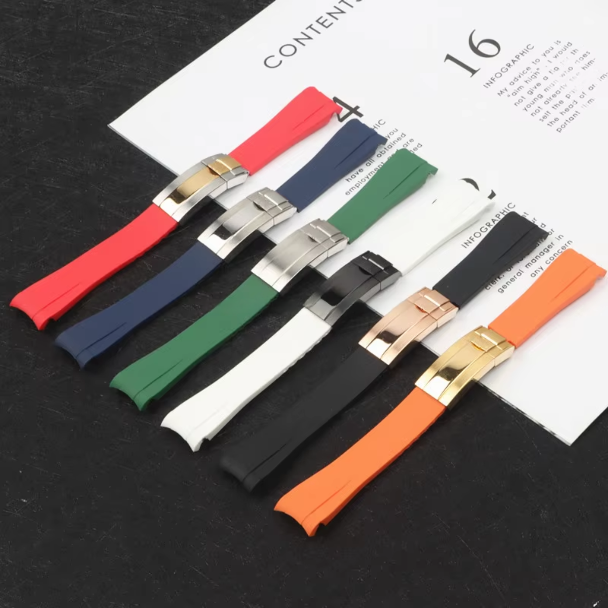 High End Curved FKM Rubber Watch Band With Oyster Style Deployment Clasp: 20 MM - Grey With Rose Gold