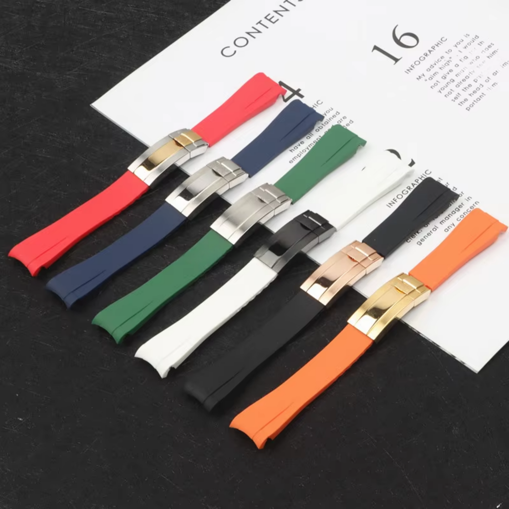 High End Curved FKM Rubber Watch Band With Oyster Style Deployment Clasp: 20 MM -Grey With Gold Dual Tone