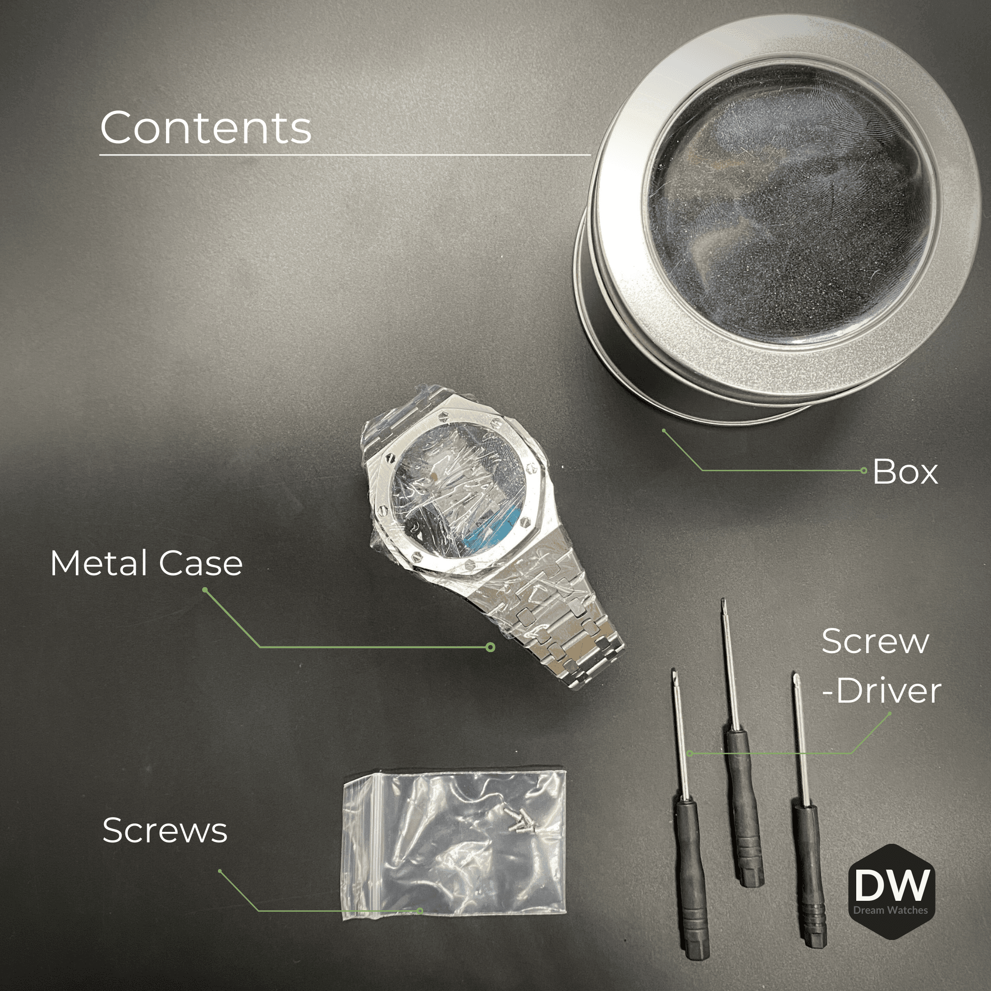 Metal Mod Kit Watchband and Metal Case for G-shock GA-2100 and GA-2110 Casioak Grey Strap + Metal Case