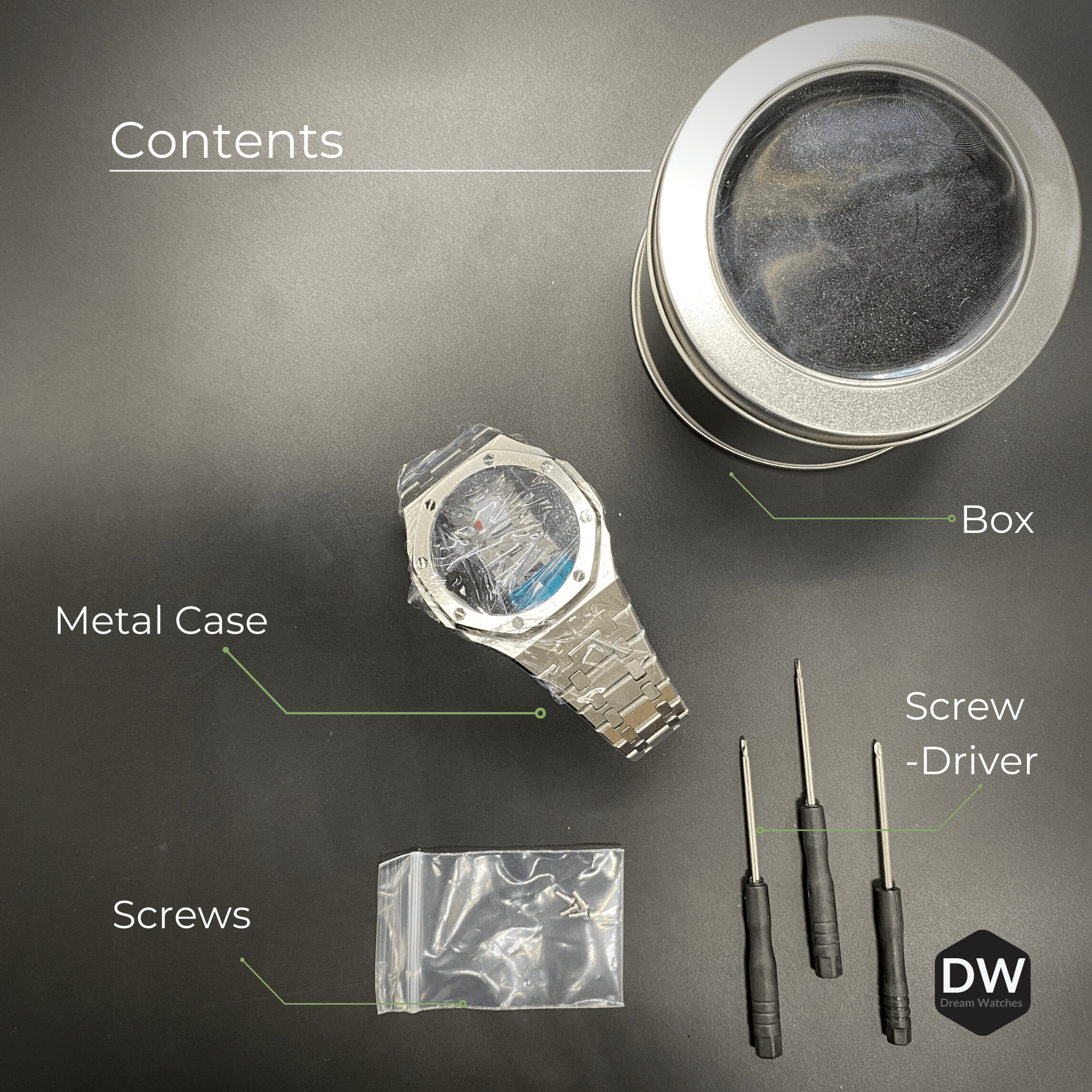 Metal Mod Kit Watchband and Metal Case for G-shock GA-2100 and GA-2110 Casioak Black Top - Silver Metal Strap