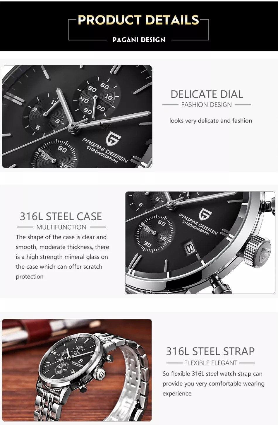 Pagani Design PD-2720K Chronograph (Movement Japanese VK67) | Stainless Steel Men's Luxury Watch Sunburst Dial - DREAM WATCHES