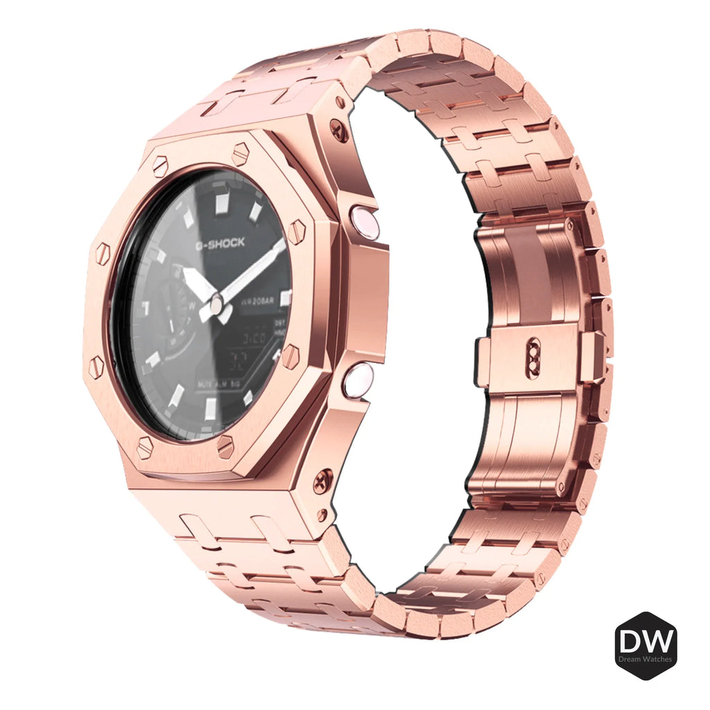 Metal Mod Kit for Casio G-Shock GA2100 GA-2110/BA-2100 Watches, Metal Case Stainless Steel Strap, Replacement Accessories, 4th Gen. Rubber & Stainless Steel Straps, Casioak G-Shock (Rosé Gold) - DREAM WATCHES