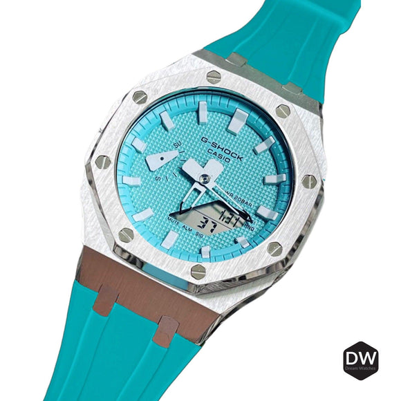 Metal Mod Kit Watchband and Metal Case for G-shock GA-2100 and GA-2110 Casioak Tiffany Blue Strap + Metal Case