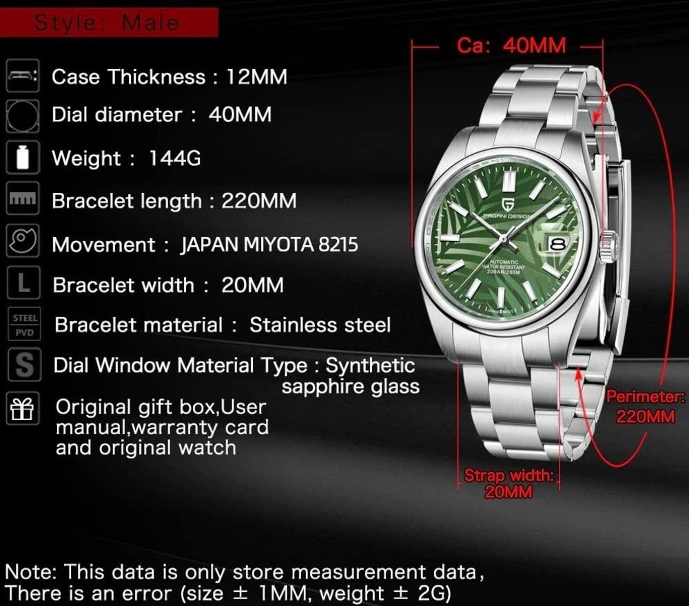 Pagani Design PD-1715 40mm Mens Automatic Waterproof Mechanical Watch with (Japanese NH-35 Movement) Palm Green Motif - DREAM WATCHES