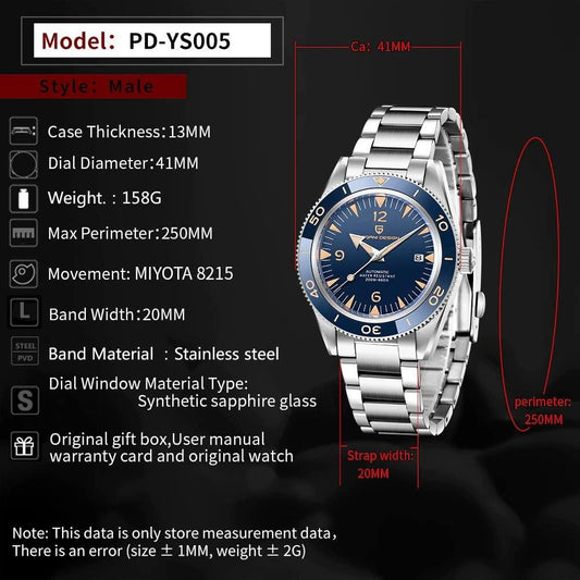 Pagani Design YS005 41MM (Japan Miyota 8215 Automatic Movement) Mechanical Watch 200M Waterproof Dive Watch Stainless Steel Bracelet Watch - DREAM WATCHES