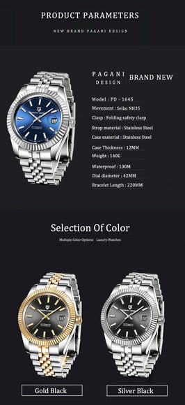 Pagani Design PD-1645 DateJust (Japan Miyota 8215 Automatic Movement) Mechanical Watch 200M Waterproof Watch Stainless Steel Watch Fluted Bezel (Blue Dial - Jubilee Bracelet) - DREAM WATCHES