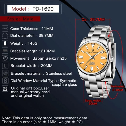 Pagani Design PD-1690 39 MM (Japan NH35A Automatic Movement) Mechanical Watch Sapphire Stainless Steel Watch Oyster Perpetual"Yellow Dial" - DREAM WATCHES