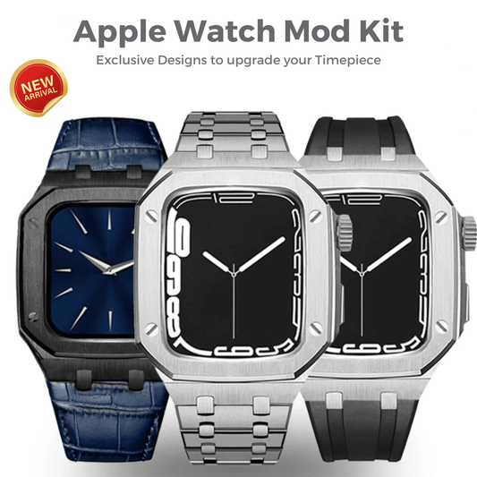 Luxury Metal Mod Kit for Apple Watch | Leather & Stainless Steel Straps | Apple Watch SE/3/4/5/6/7/8 accessory 45 mm| Silver Case - Black Leather Band mod kits india dream watches apple watch
