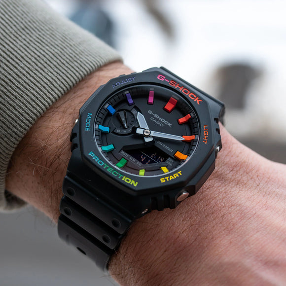 Modified G-Shock with Colourful Indices and Outer Case - CasiOak Black Rainbow