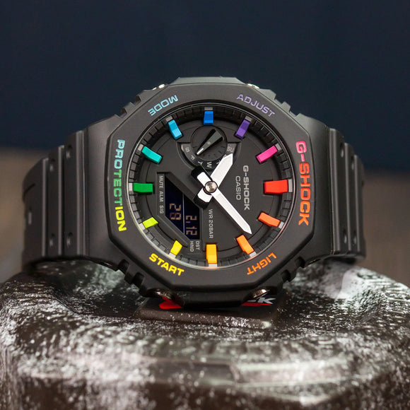 Modified G-Shock with Colourful Indices and Outer Case - CasiOak Black Rainbow