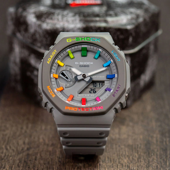 Modified G-Shock with Colourful Indices and Outer Case - CasiOak Grey Rainbow