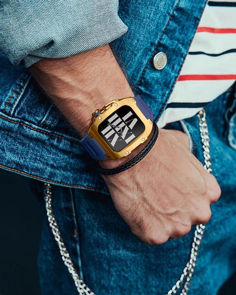 Golden Concept Style Case and Strap for Apple Watch | Luxury & Sporty Apple Watch Case & Fashion Accessory | Mod Kit Replacement for Apple Watch Series SE/3/4/5/67/8 44 mm| Golden Case - Blue Band mod kits india dream watches apple watch