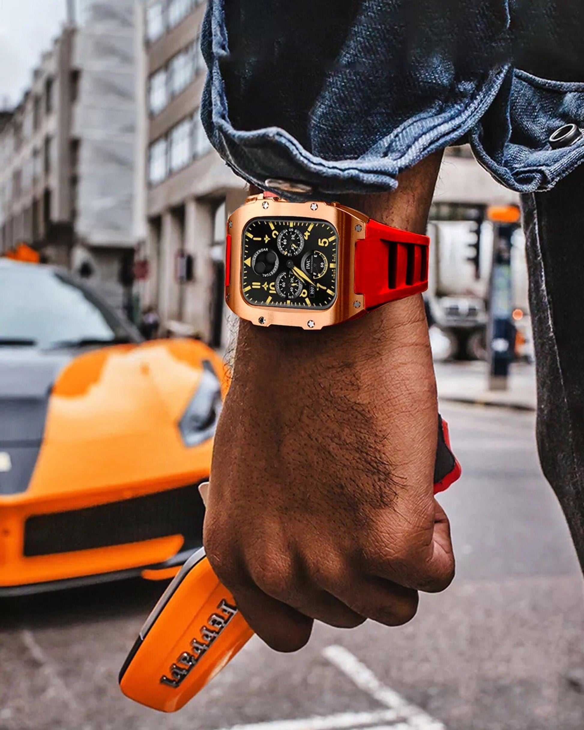 Golden Concept Style Case and Strap for Apple Watch | Luxury & Sporty Apple Watch Case & Fashion Accessory | Mod Kit Replacement for Apple Watch Series SE/3/4/5/67/8 45 mm| Rosè Gold Case - Red Band mod kits india dream watches apple watch