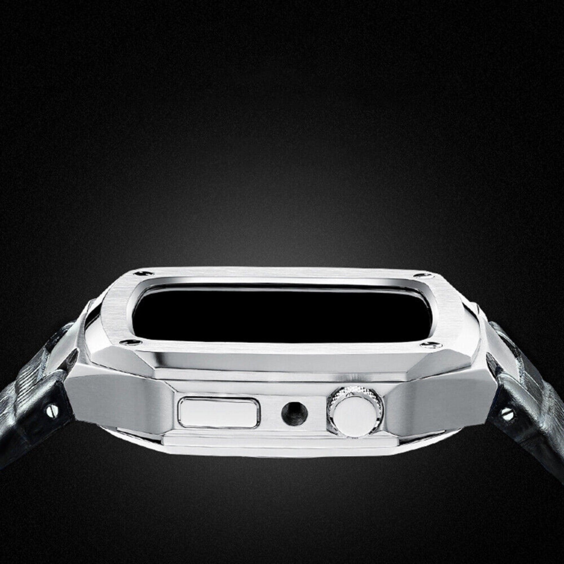 Luxury Metal Mod Kit for Apple Watch | Leather & Stainless Steel Straps | Apple Watch SE/3/4/5/6/7/8 accessory 45 mm| Silver Case - Black Leather Band mod kits india dream watches apple watch
