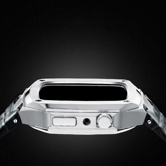 Luxury Metal Mod Kit for Apple Watch | Leather & Stainless Steel Straps | Apple Watch SE/3/4/5/6/7/8 accessory 44 mm| Silver Case - Black Leather Band mod kits india dream watches apple watch
