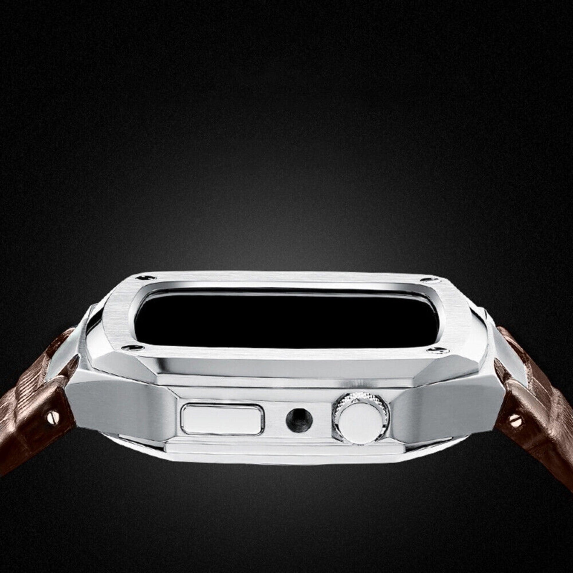 Luxury Metal Mod Kit for Apple Watch | Leather & Stainless Steel Straps | Apple Watch 7/8 accessory 45 mm| Silver Case - Brown Leather Band mod kits india dream watches apple watch