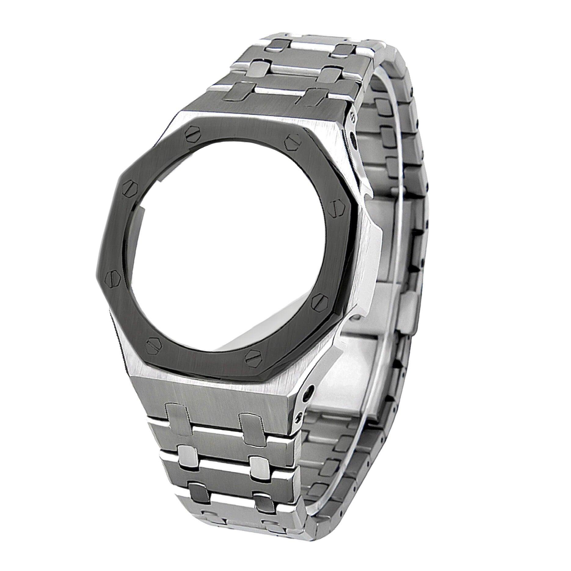 Metal Mod Kit Watchband and Metal Case for G-shock GA-2100 and GA-2110 Casioak Black Top - Silver Metal Strap