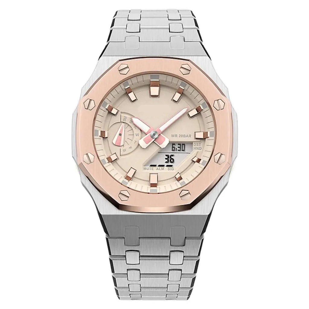 Metal Mod Kit Watchband and Metal Case for G-shock GA-2100 and GA-2110/BA-2100 Casioak (Rosè Gold Top + Silver Metal Strap) - DREAM WATCHES