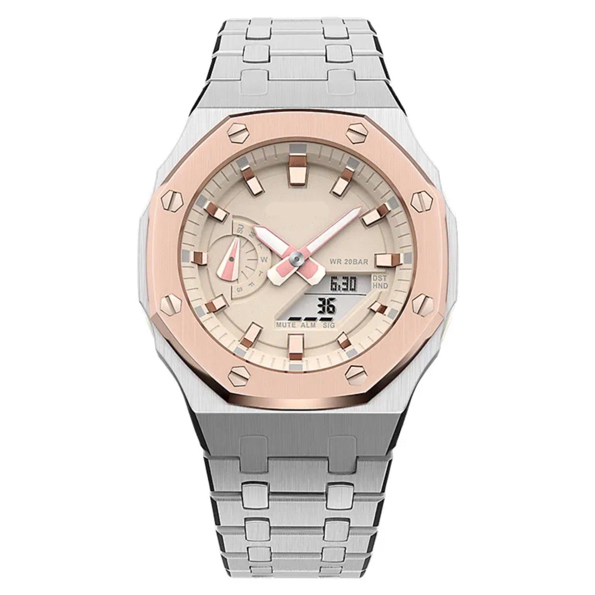 Metal Mod Kit Watchband and Metal Case for G-shock GA-2100 and GA-2110 Casioak Rosè Gold Top + Silver Metal Strap