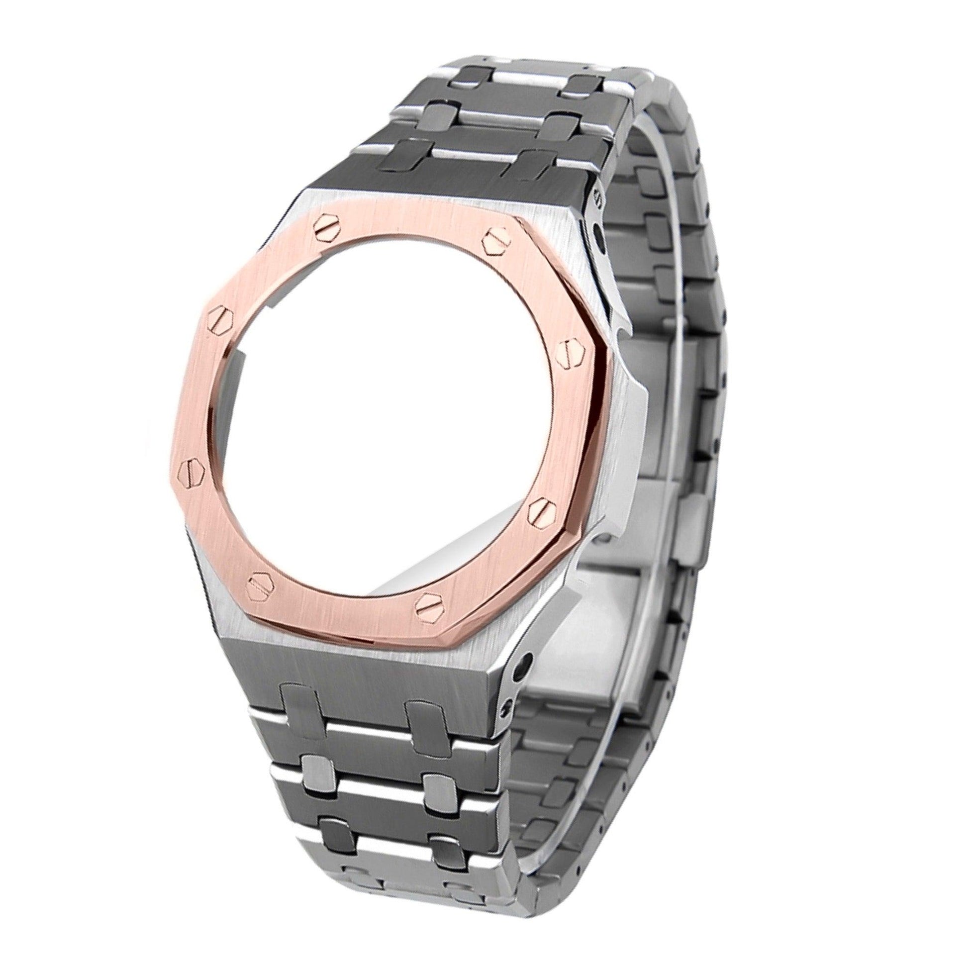 Metal Mod Kit Watchband and Metal Case for G-shock GA-2100 and GA-2110 Casioak Rosè Gold Top + Silver Metal Strap