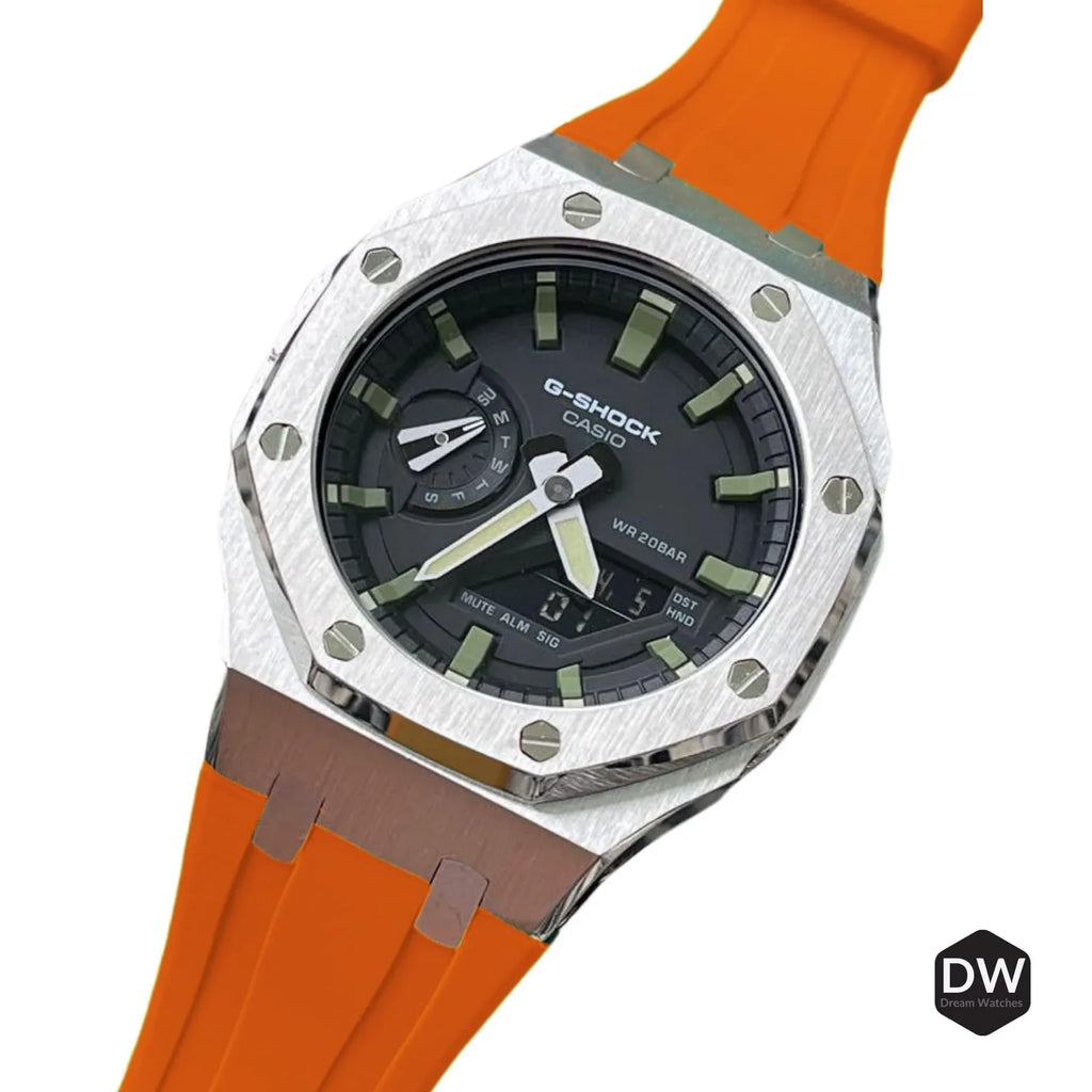 Metal Mod Kit for Casio G-Shock GA2100 & GA-2110/BA-2100 Watches, Metal Case & Rubber Strap, Replacement Accessories, 4th Gen. ,Casioak G-Shock (Orange) - DREAM WATCHES