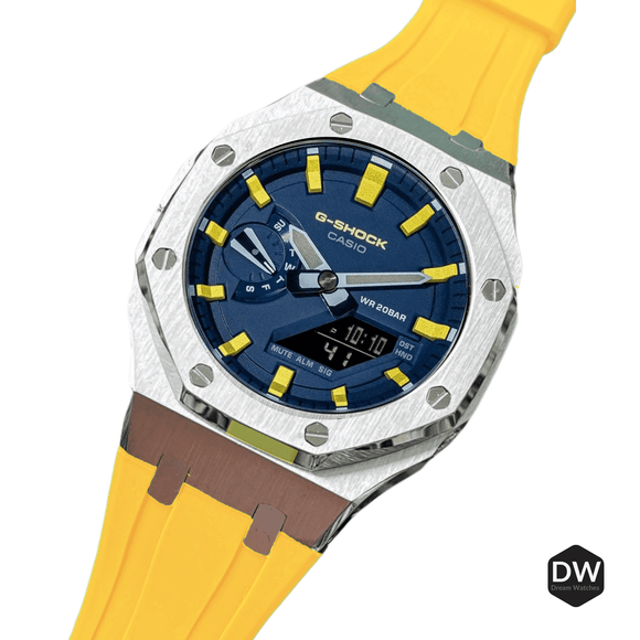 Metal Mod Kit for Casio G-Shock GA2100 & GA-2110 Watches, Metal Case & Rubber Strap, Replacement Accessories, 4th Gen. ,Casioak G-Shock Yellow