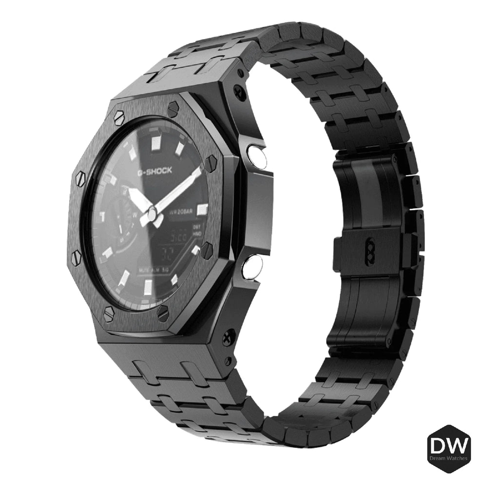 Metal Mod Kit for Casio G-Shock GA2100 GA-2110/BA-2100 Watches, Metal Case Stainless Steel Strap, Replacement Accessories, 4th Gen. Rubber & Stainless Steel Straps, Casioak G-Shock (Carbon Black) - DREAM WATCHES